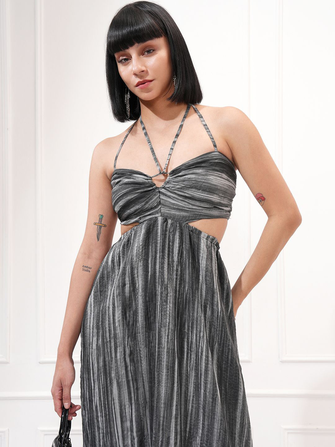 ESPYR By Tokyo Talkies Women Black Halter Neck Cut-Outs Detail Side Slit Maxi Dress