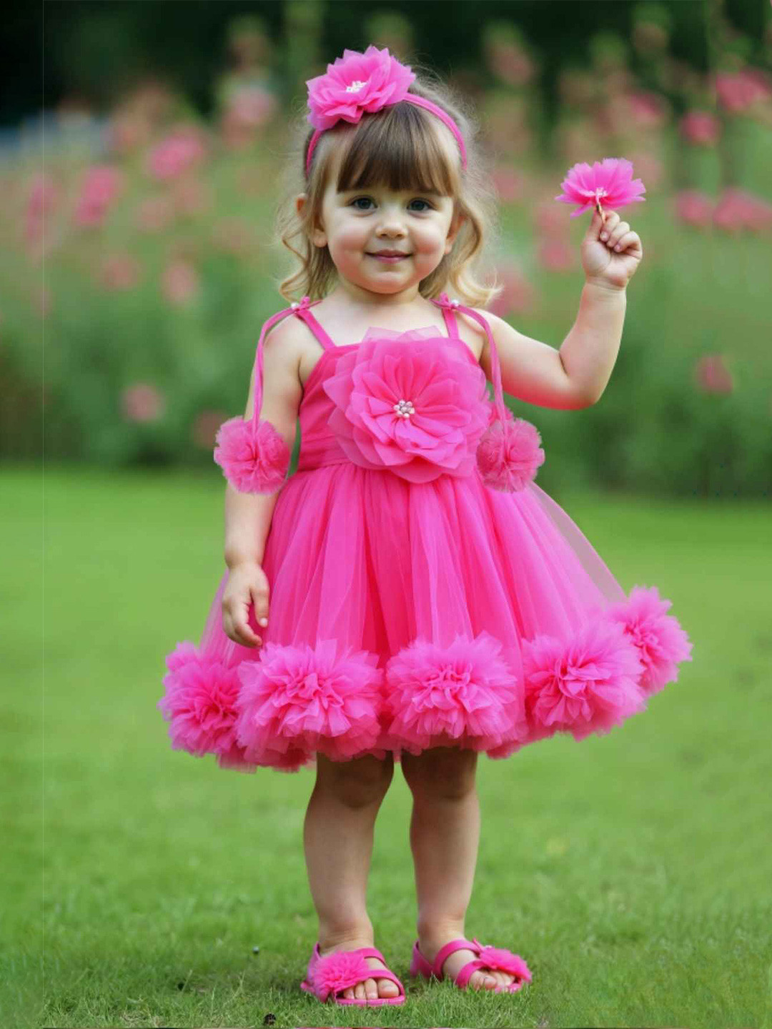 Lagorii Girls Pink Ruffled With Floral Embellishment Frock