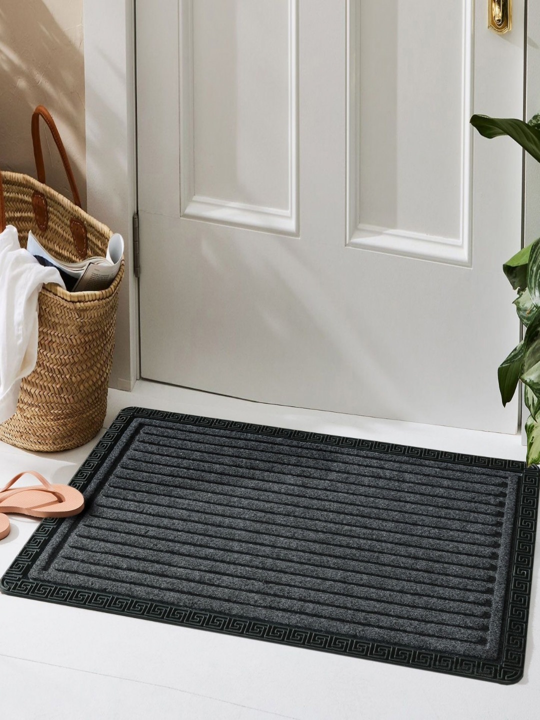 Galaxy Home Decor Grey & Black Striped Rectangular Waterproof Non-Slip Doormat