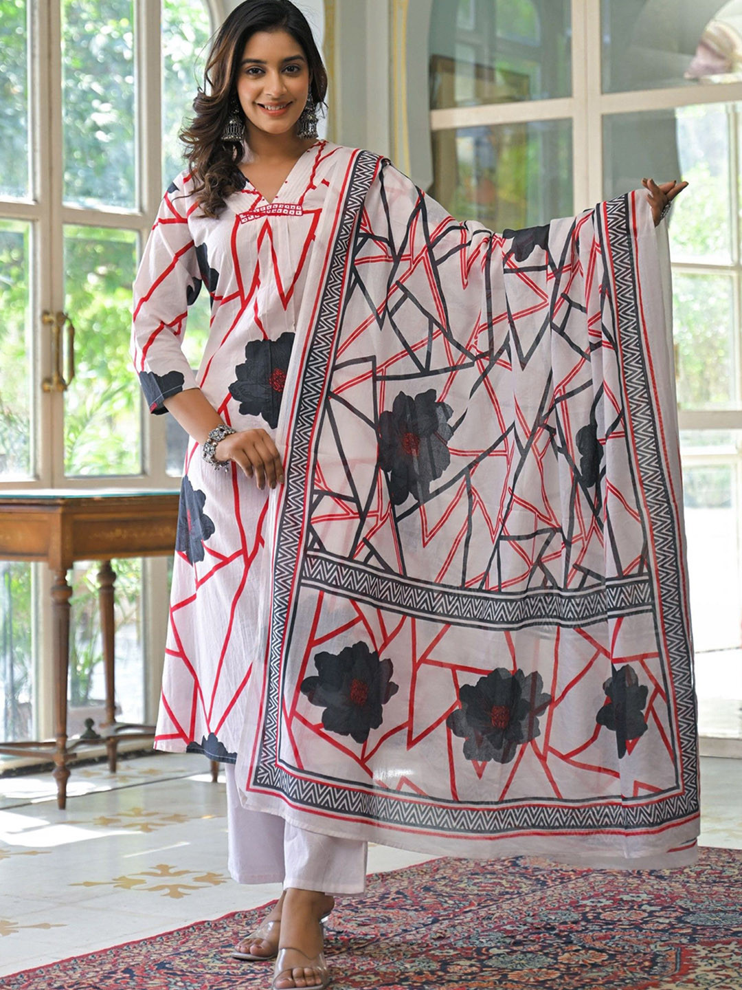 AUTUMN LANE Yutika Indi Floral Printed Pure Cotton A-Line Kurta With Trousers & Dupatta