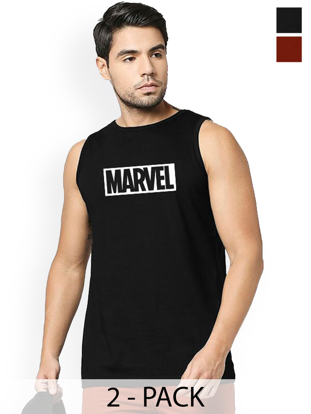 Organic Chics Pack Of 2 Printed Cotton Tank Vests Black Marvel - Maroon Punisher_S