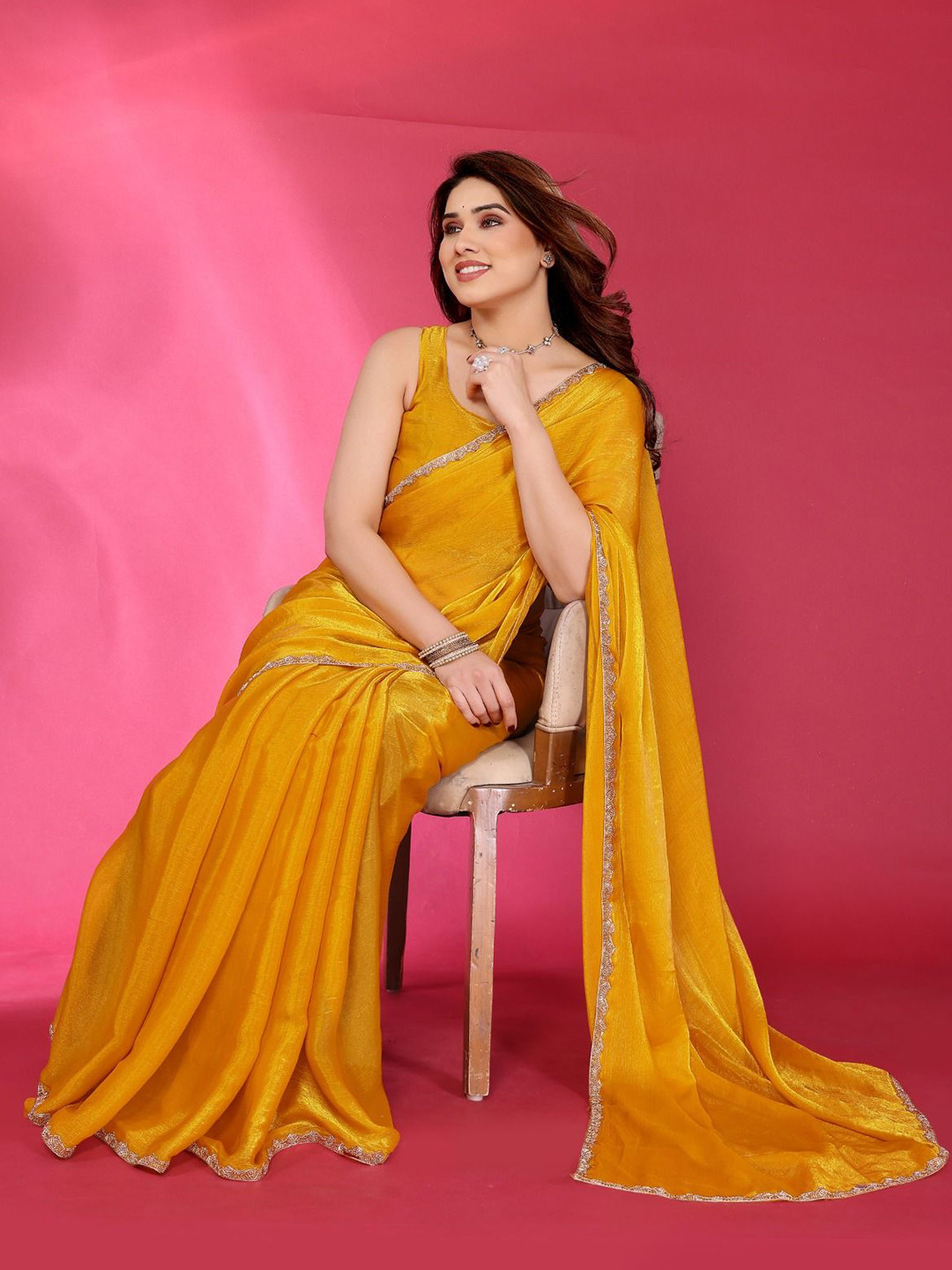 BLEESBURY Embroidered Beads and Stones Pure Chiffon Saree