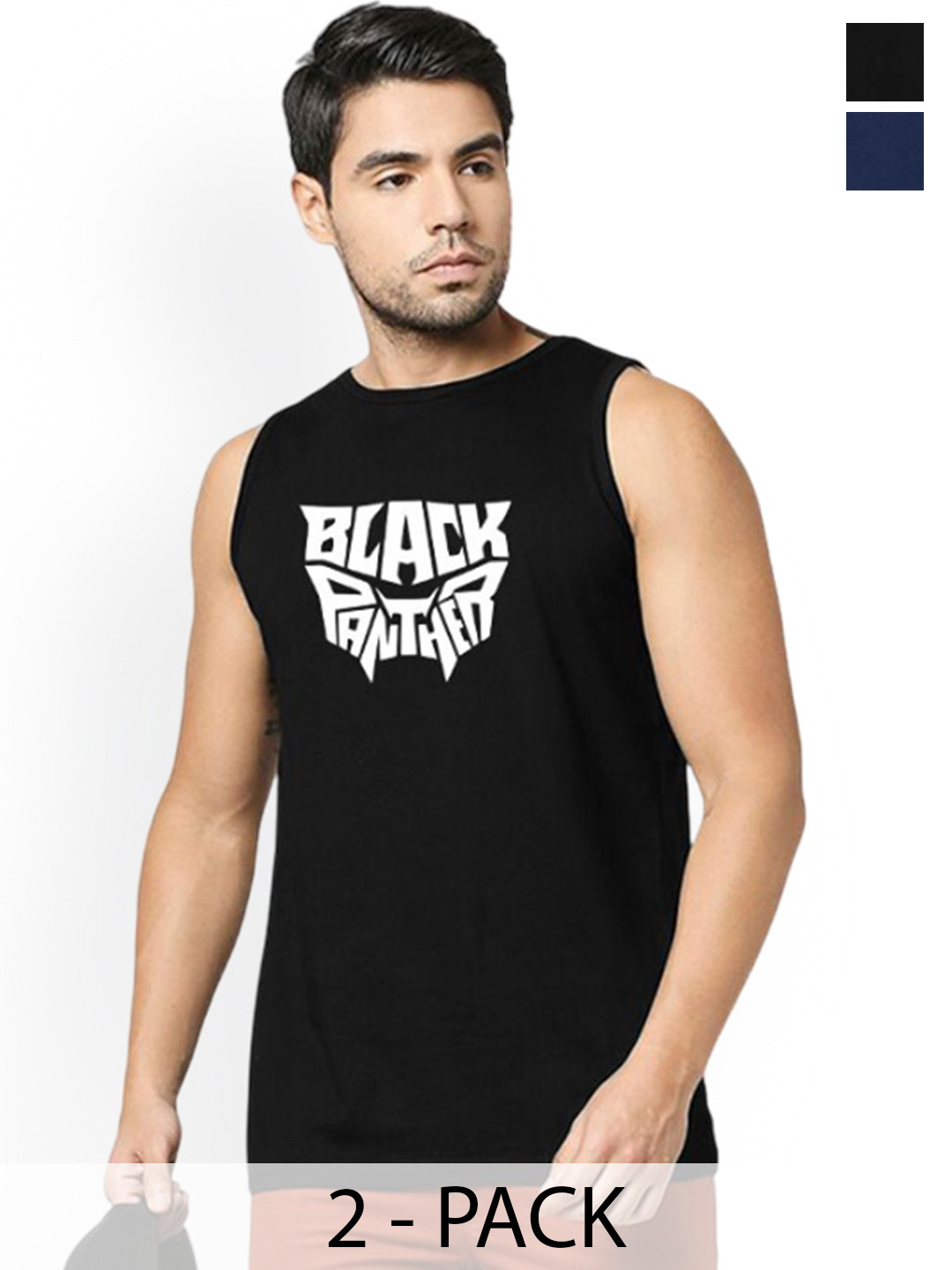 Organic Chics Pack Of 2 Printed Cotton Tank Vests Black Panther - Navy Deadpool_S