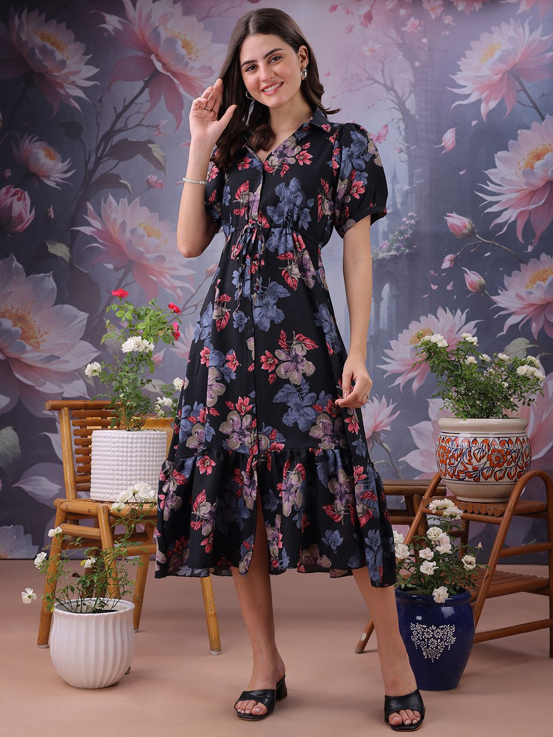 Moda Rapido Women Floral Shirt Collar Flounce Fit & Flare Midi Dress