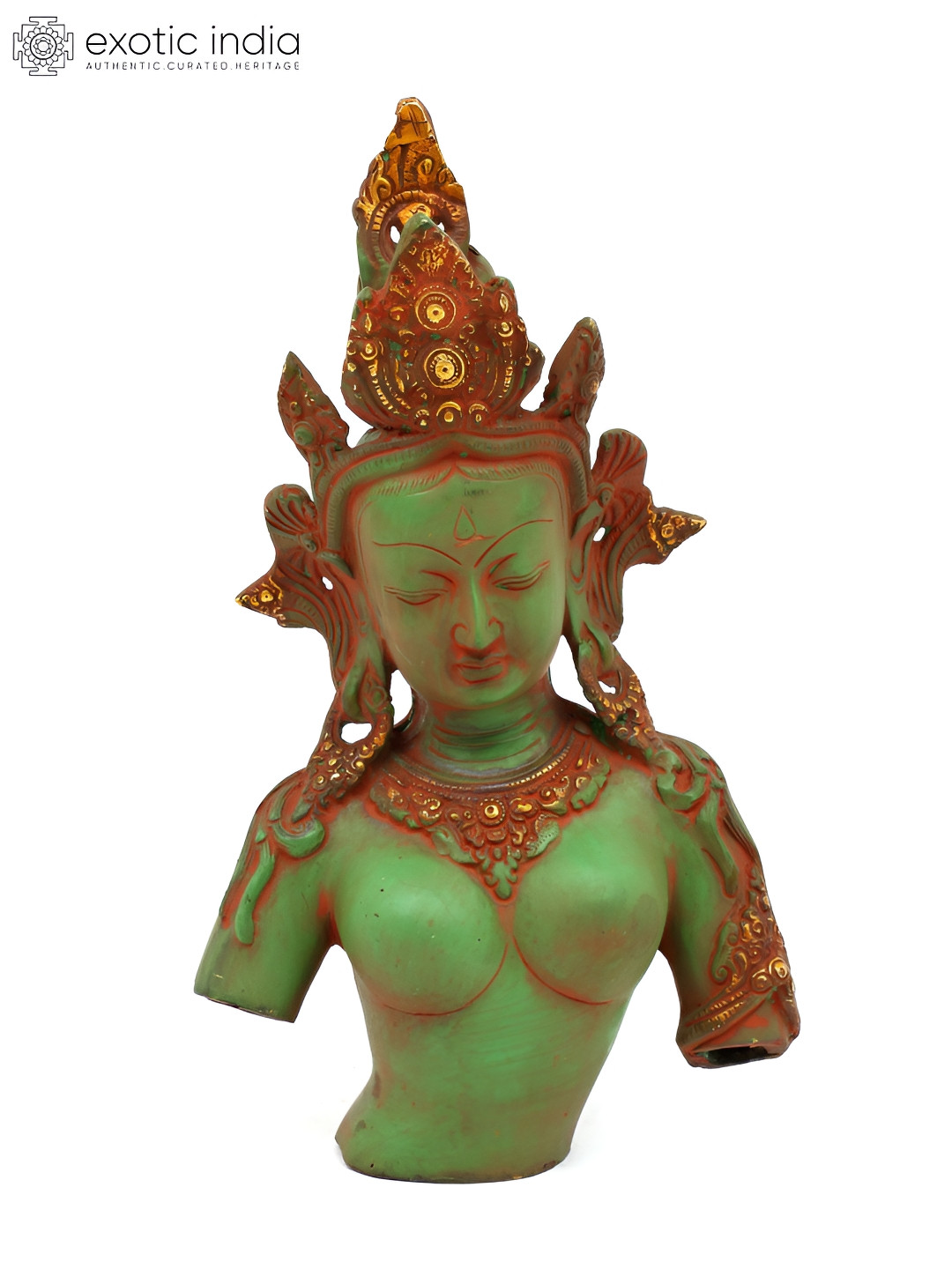 Exotic India Goddess Tara Bust Gold Brass Metallic Living Room Medium Showpiece - 13 Inches
