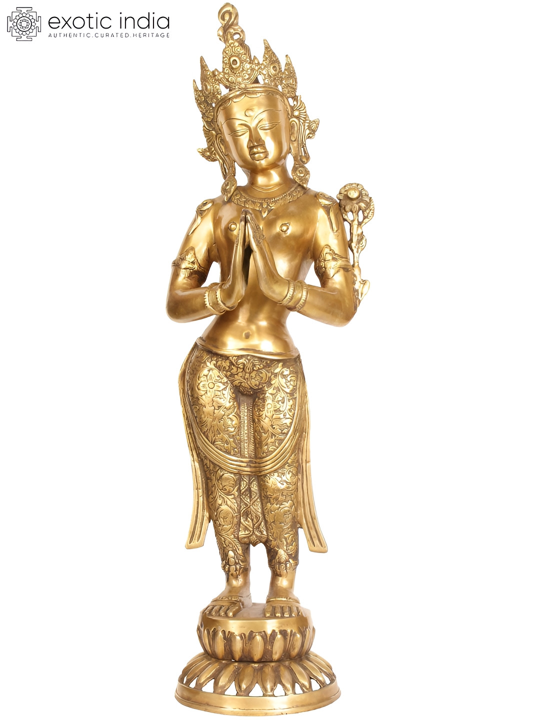 Exotic India Namaste Lady Gold Brass Metallic Living Room Hand Made Extra Large Showpiece - 30 Inches