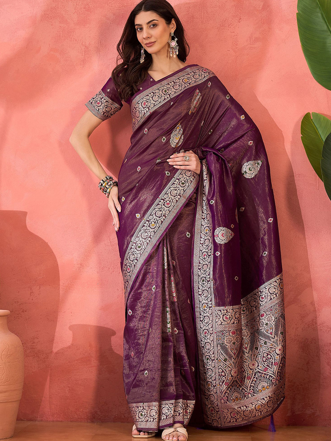 Sangria Ethnic Motifs Woven Design Zari Banarasi Saree