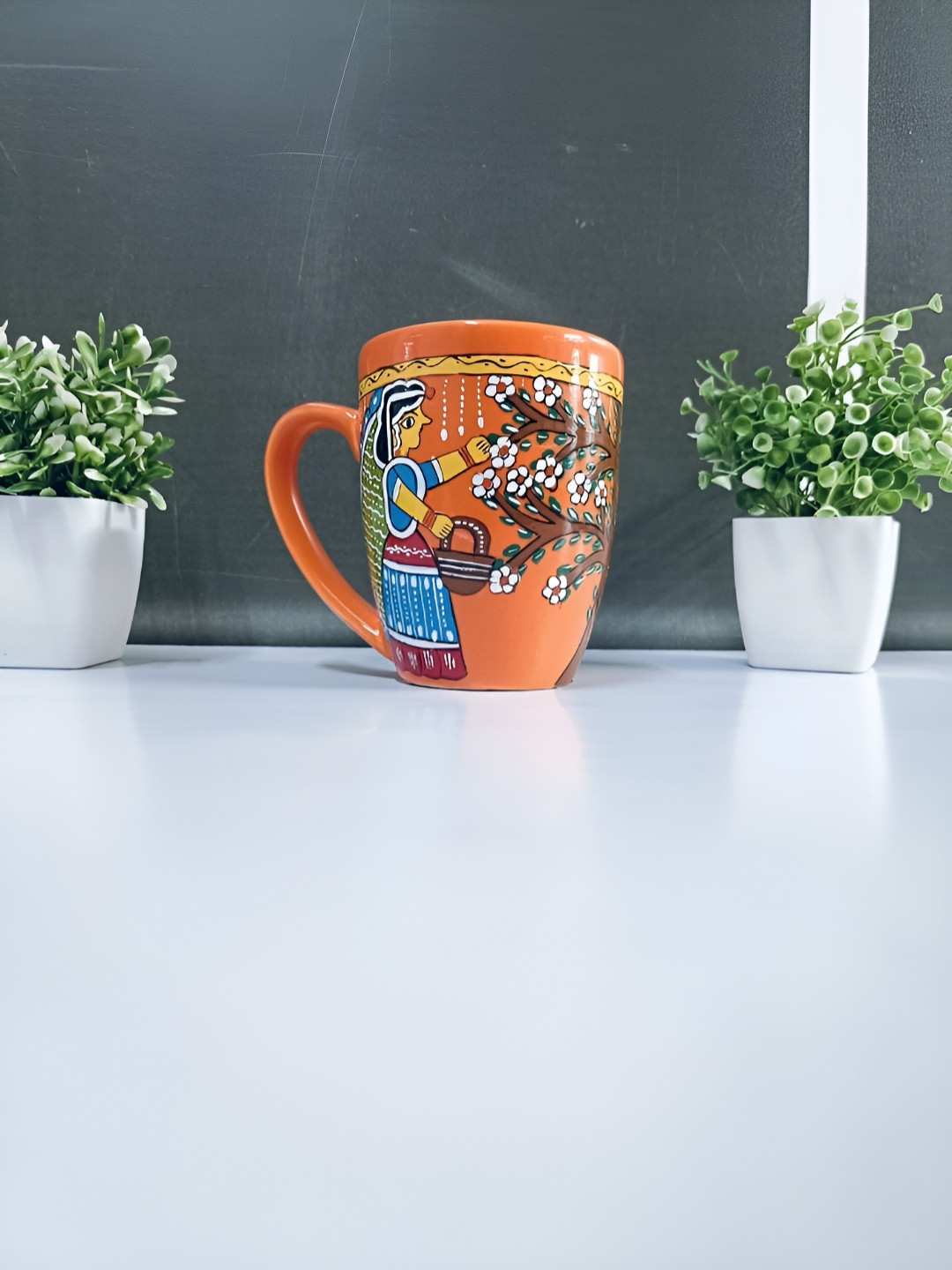 WEAVEHAND Orange & Blue Printed Ceramic Glossy Cup 500 ml