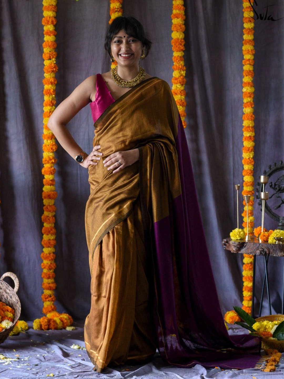 Suta Mustard Cotton Acrylic Saree