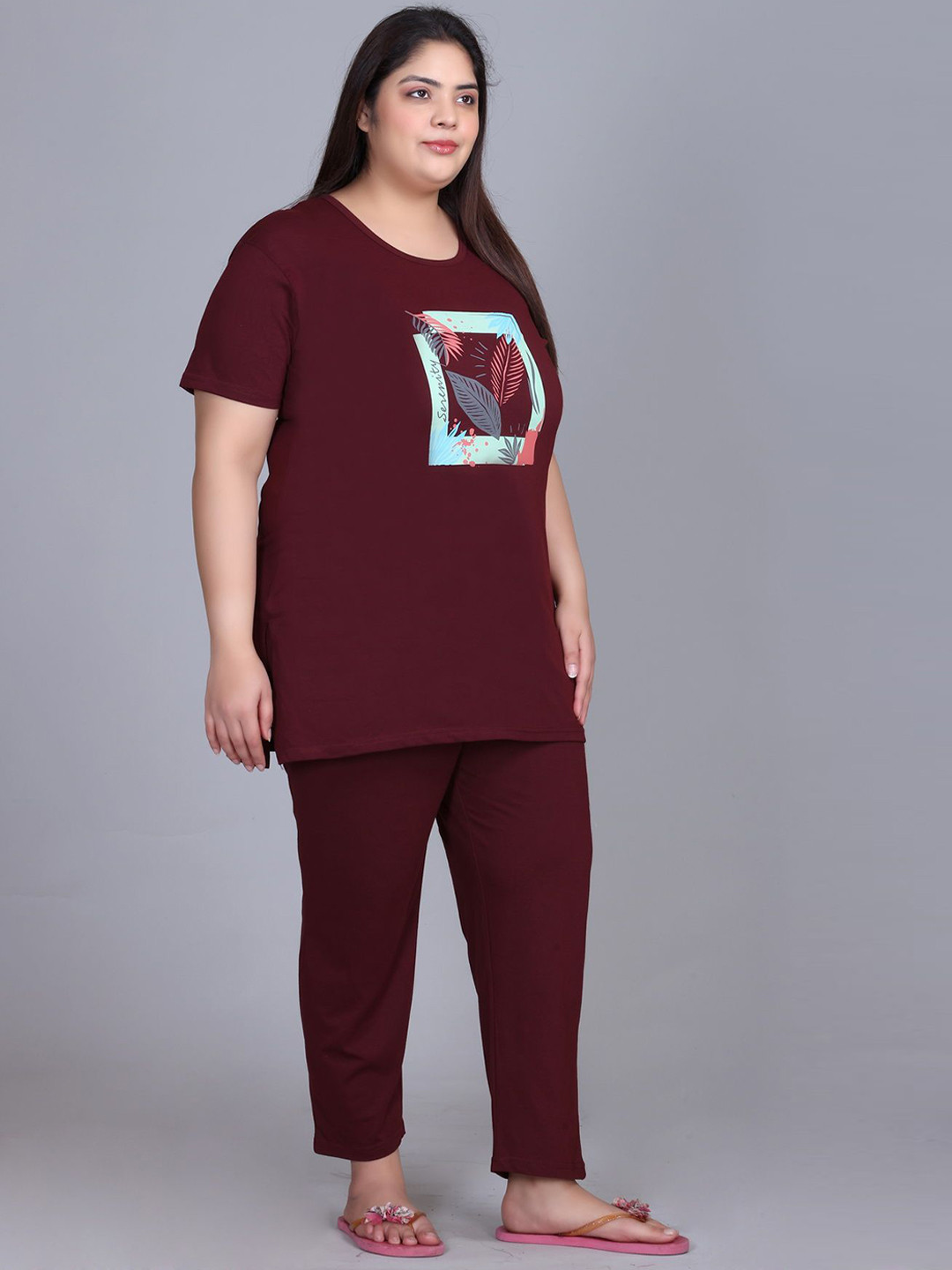 IN Love  Plus Size Geometric Printed Round Neck T-shirt And Pyjama