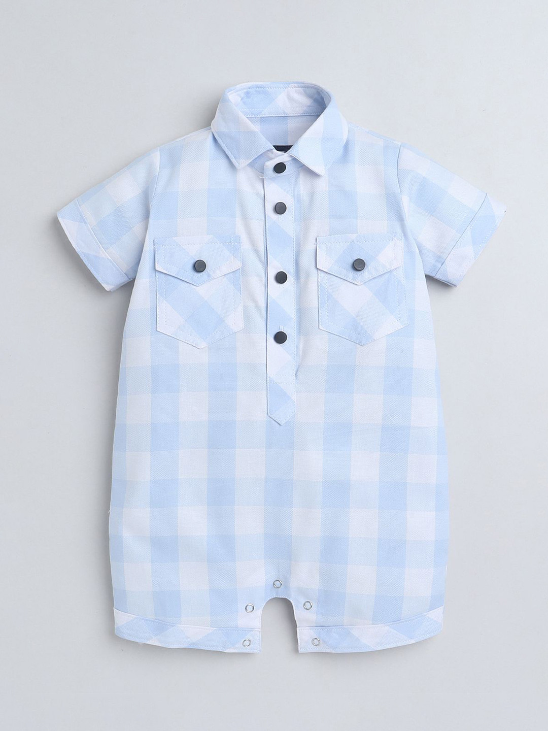 Polka Tots Unisex Kids Blue Half Sleeve Checks Print Shirt Romper With Bow