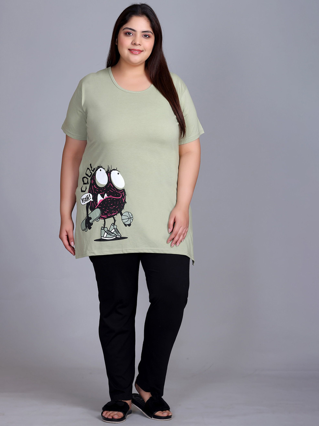 IN Love  Plus Size Cartoon Printed Round Neck T-shirt And Pyjama