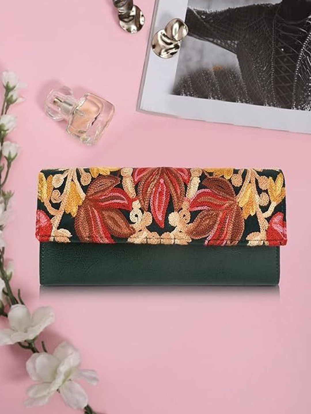 EVEDA Women Floral Embroidered Envelope Wallet