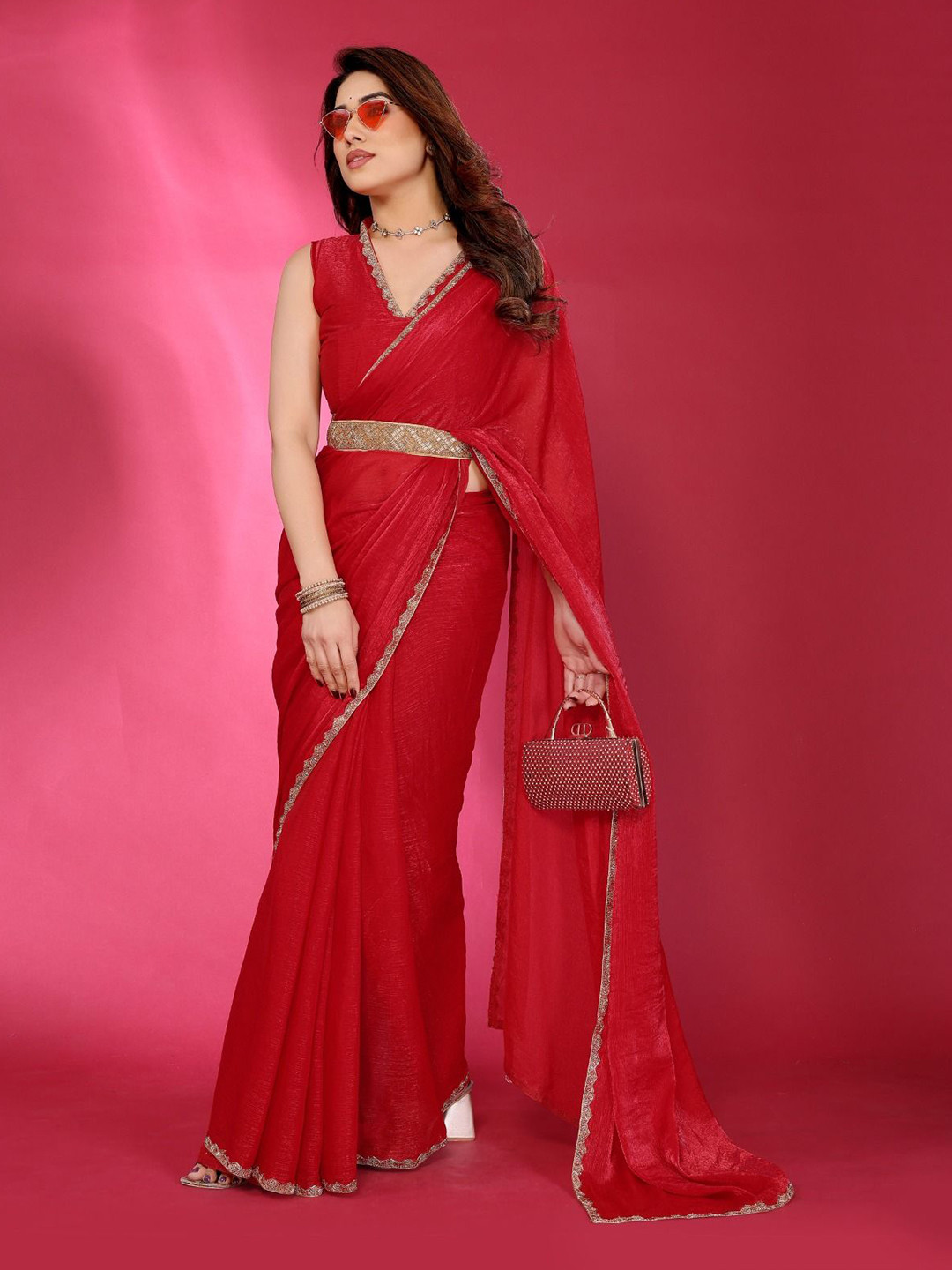 BLEESBURY Beads and Stones Pure Chiffon Designer Saree