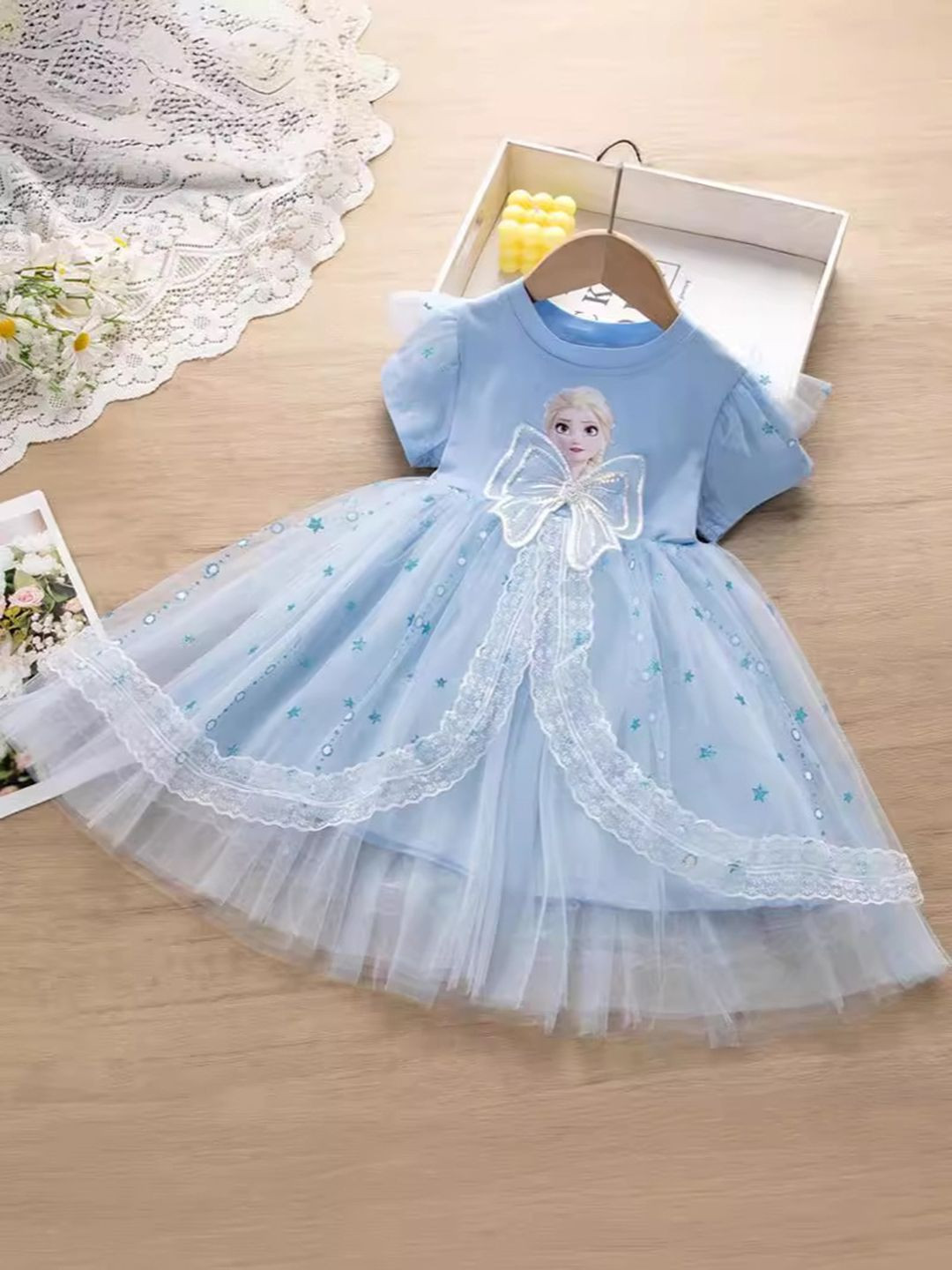 YK Girls Rapunzel Printed Embellished Lace Inserts Dress