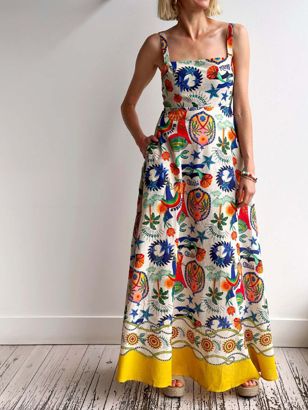 bebe Multi-Color Print Square Neck A-Line Maxi Dress