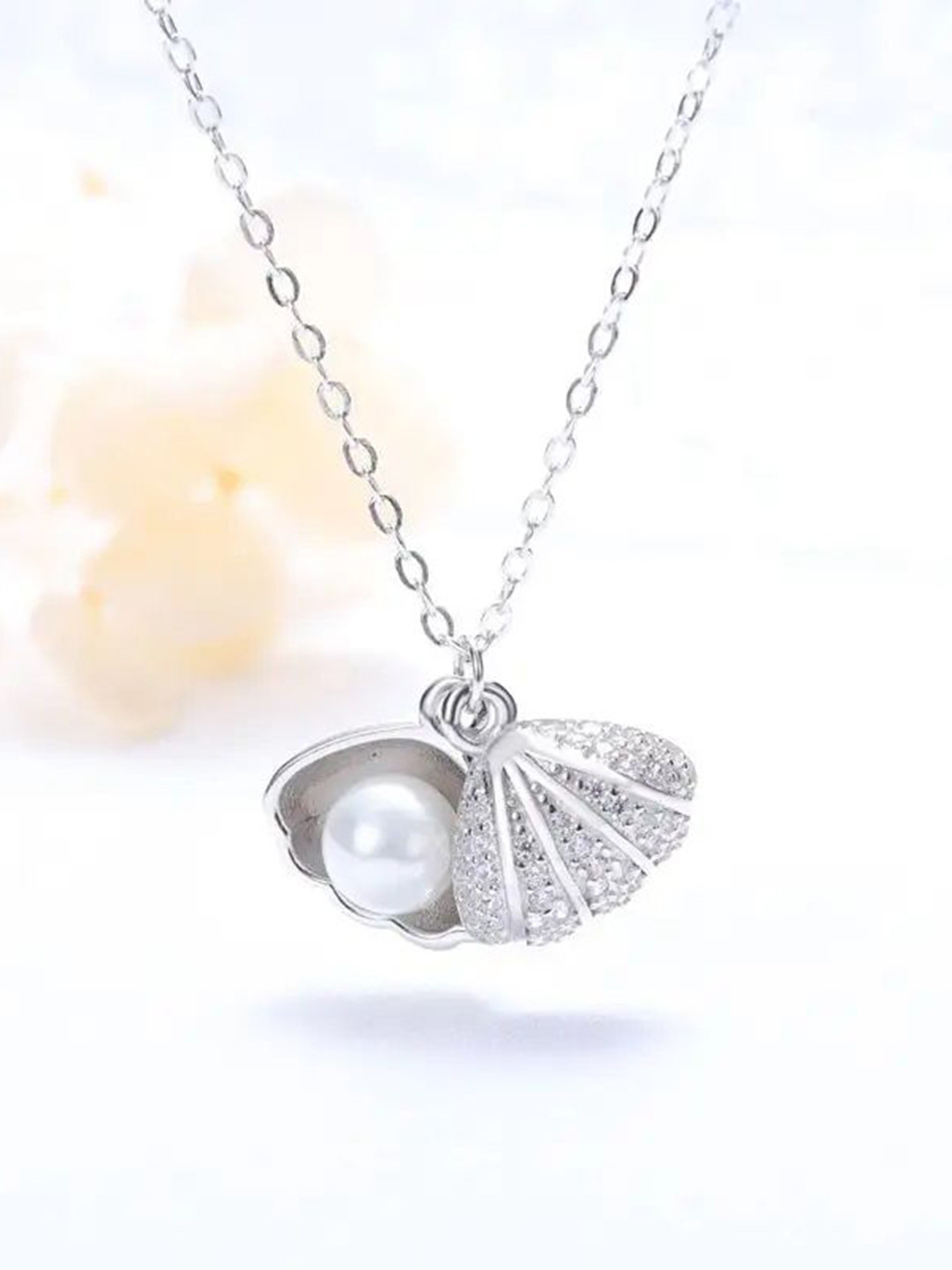 DIVASTRI Silver-Plated Stainless Steel Diamond Shaped Pearls Pendant with Chain