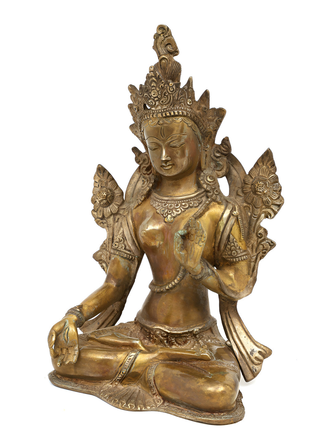 Exotic India Tibetan Buddhist Goddess White Tara Brown Brass Metallic Prayer Room Medium Showpiece - 10.7 Inches