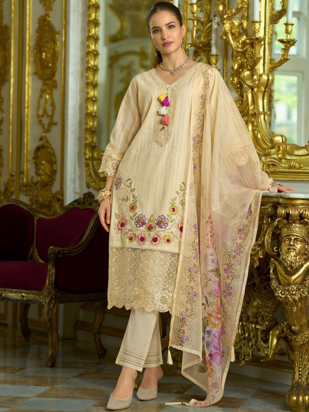 Varanga Nazrana Floral Thread Embroidered Schiffli Orangza Lace Kurta Trouser & Dupatta