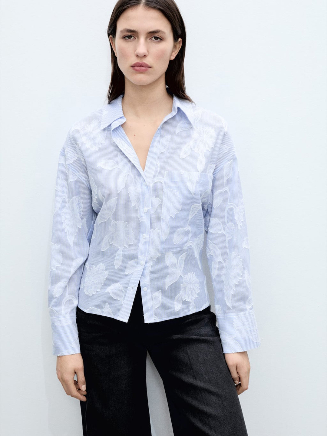 MANGO Striped Floral Applique Casual Shirt