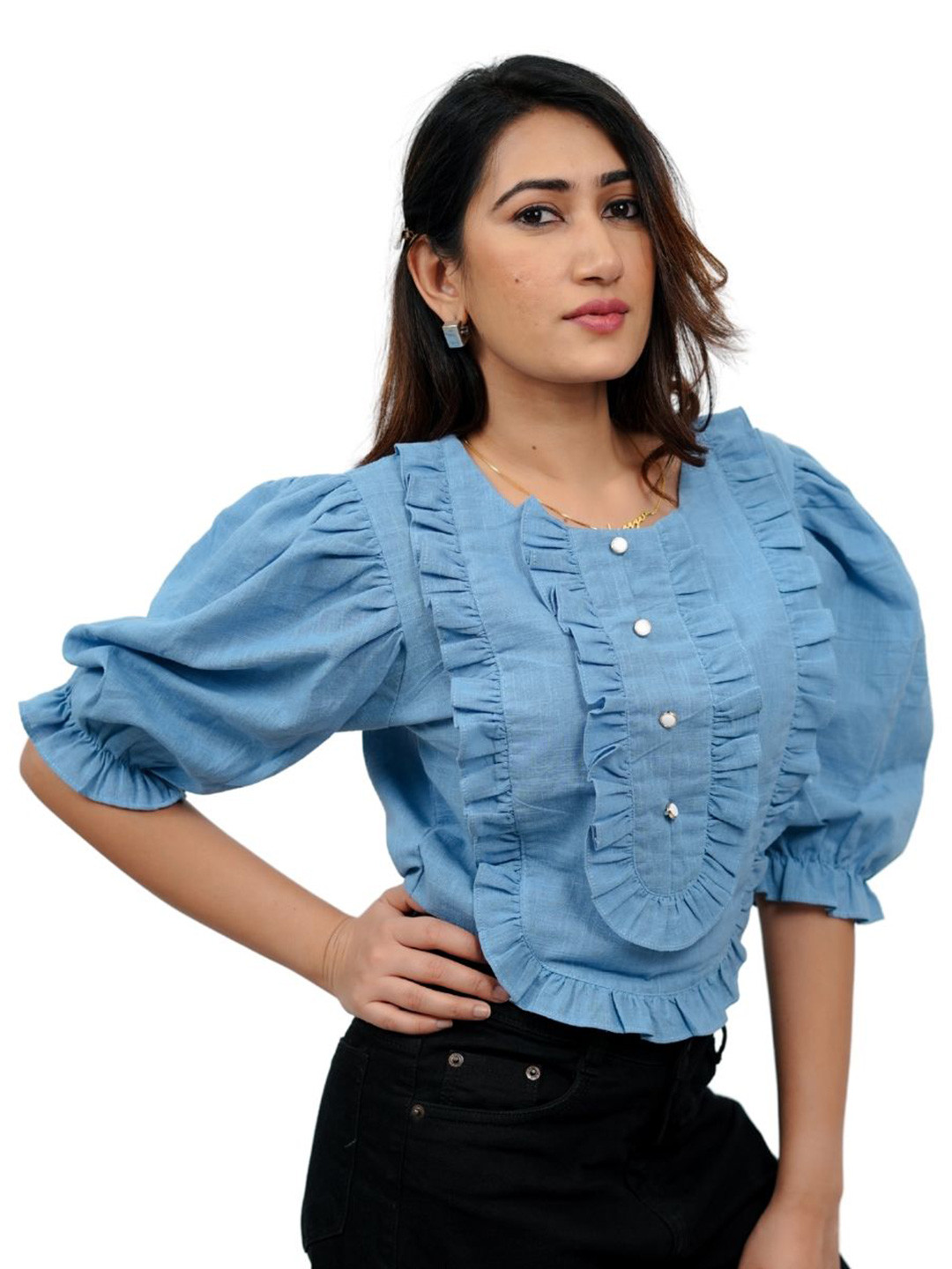 BELLO DONA CLOTHING Self Design Puff Sleeve Cotton Shirt Style Top