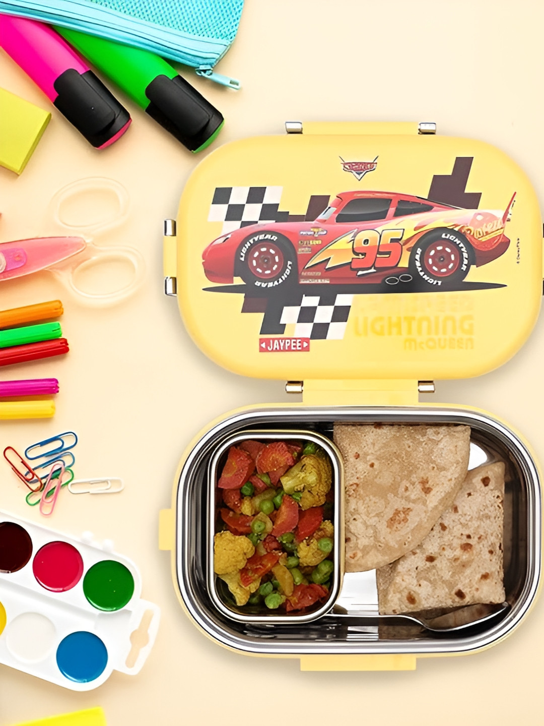 JAYPEE Missteel Car Yellow Graphic Plastic Rust Proof 1PCs Lunch Box With Spoon and Fork
