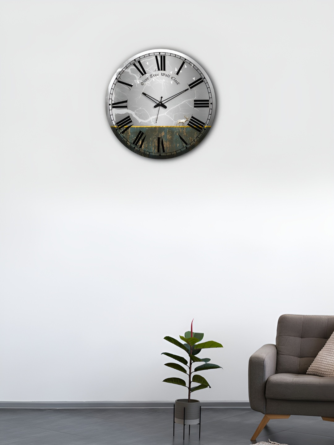 OLIVE TREE Wooden Wall Clock Grey & Gold-Toned Printed Round Contemporary Wall Clock
