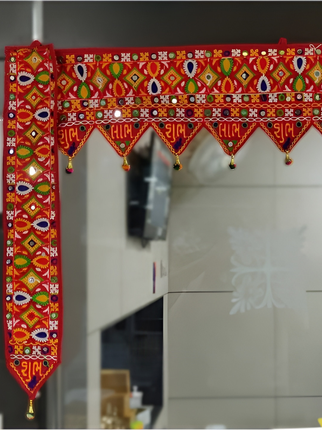 Aura Red & Green Traditional Embroidered Pooja Mandir Toran