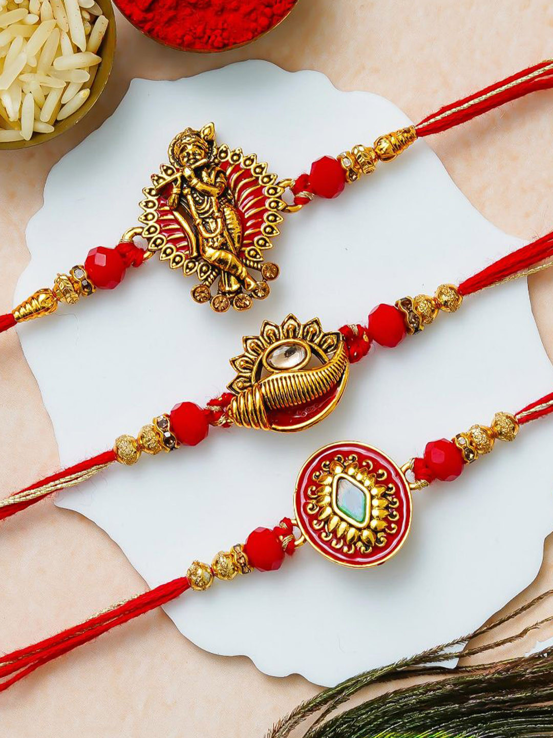 eCraftIndia Set Of 3 Stone Studded Krishna Design Thread Rakhi