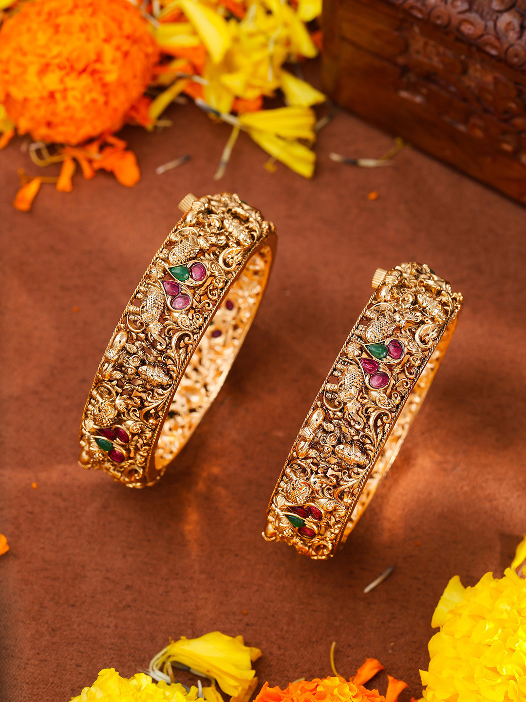 South Temple Jewellery Set Of 2 Gold-Plated Stone Studded Antique Bangle