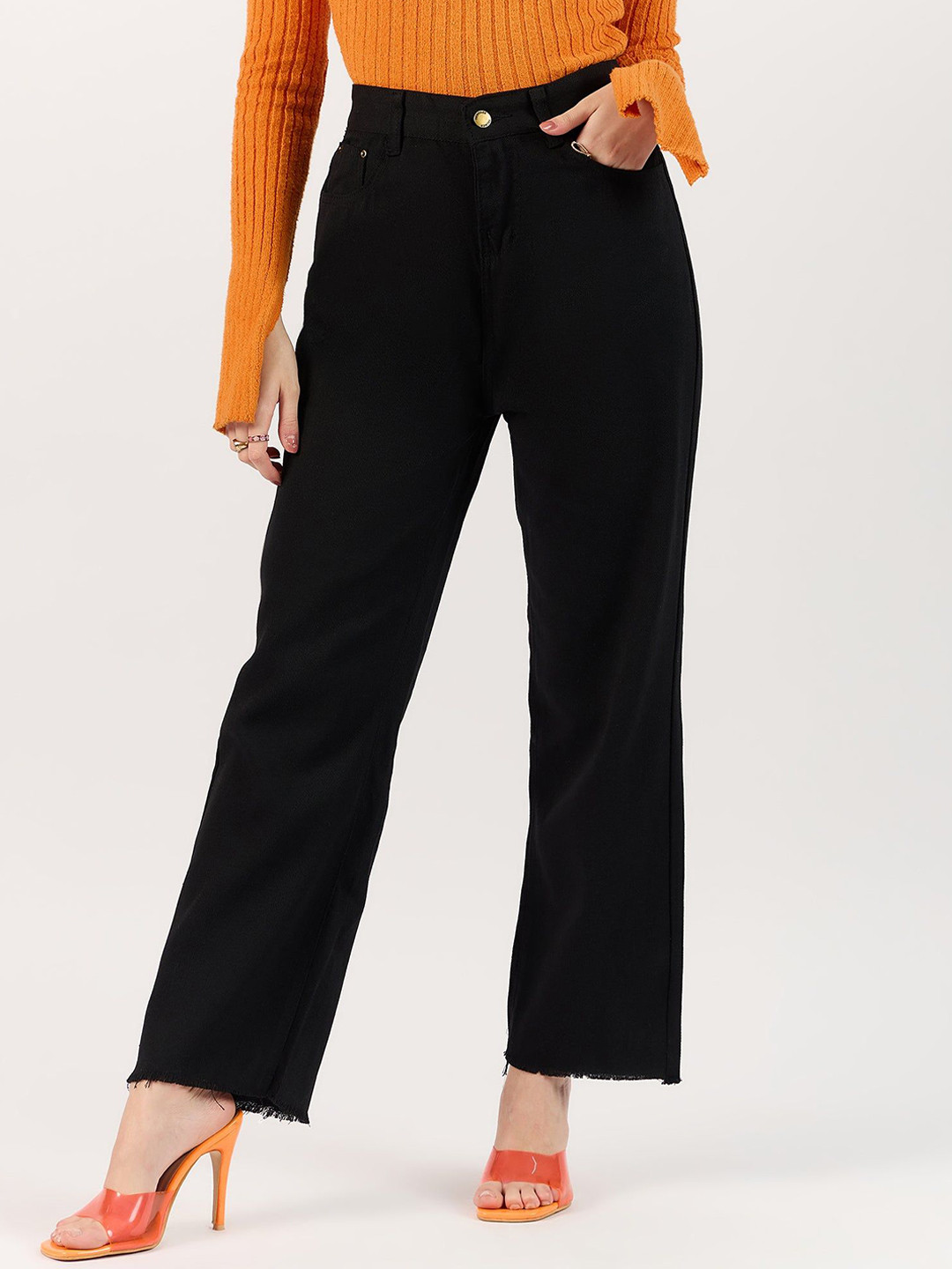 Outzidr Women Frayed Hem Straight Denim Jeans