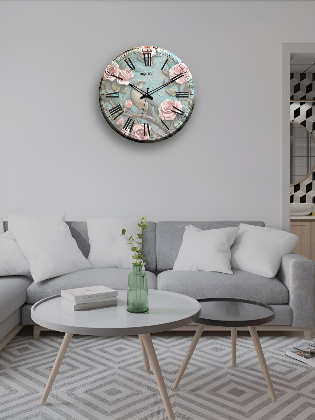 OLIVE TREE Easy to Read Blue Wood Large Display Round Battery Analogue Wall Clock-30.5cm