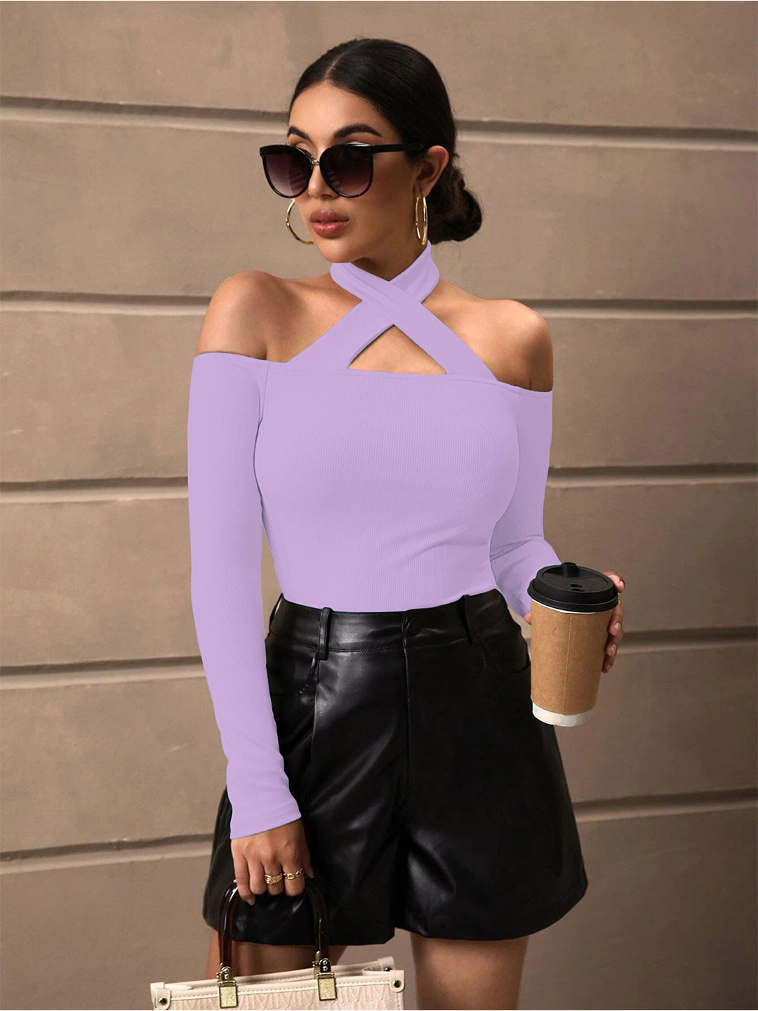 Sugathari Halter Neck Cold-Shoulder Sheen Top