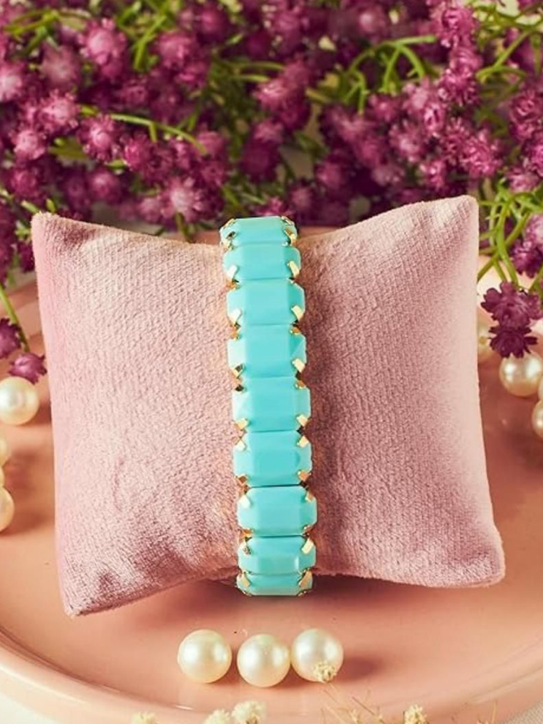 SALTY Women Stainless Steel Stone Studded Celestial Cyan Band Wraparound Bracelet