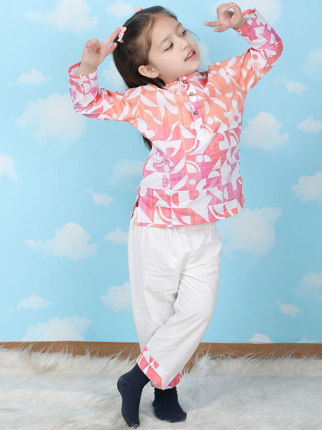 Polka Tots Girls Printed Regular Pure Cotton Kurti with Pyjamas