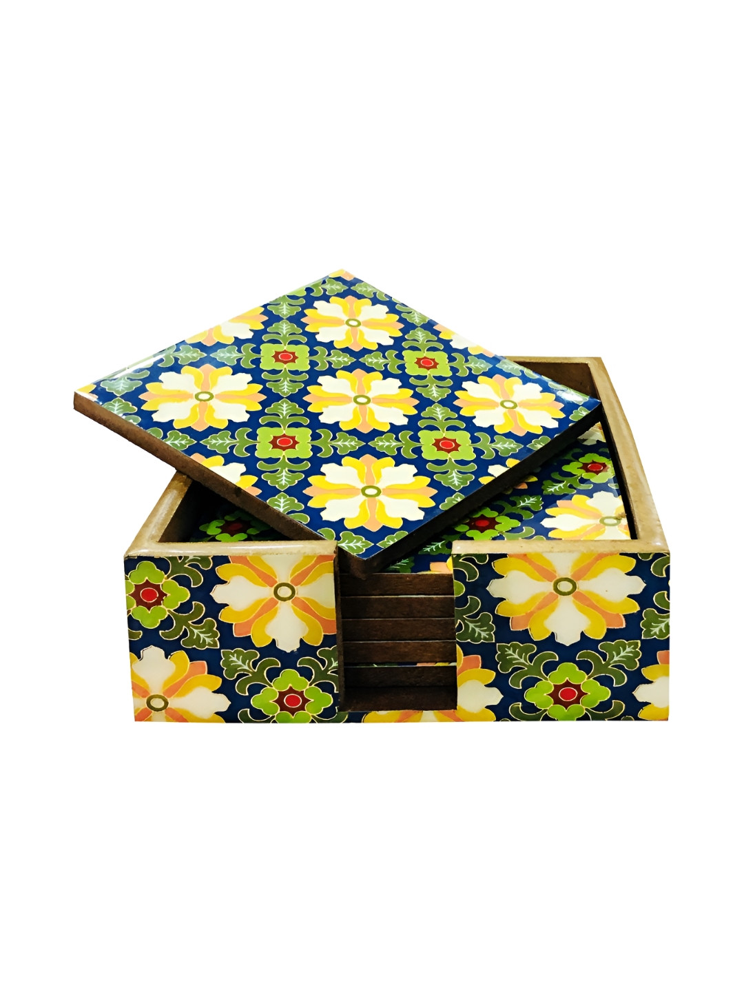 ShopMeFast 6 Pieces Green Printed Square Shape Wooded  Coasters