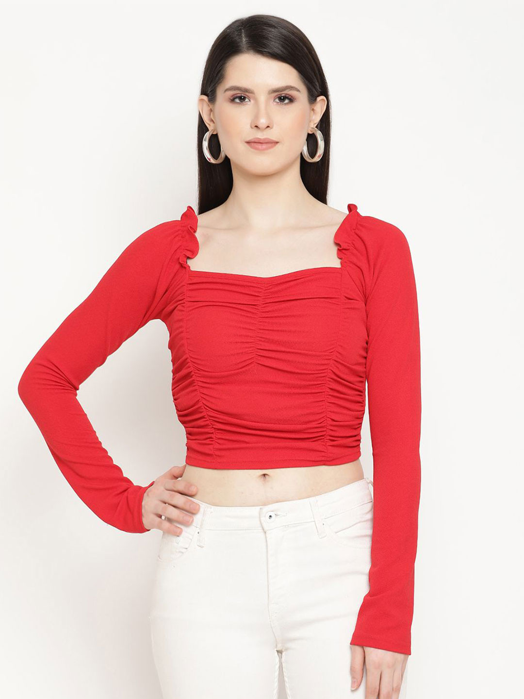 Sugathari Women solid Gathered Or Pleated Crop Top autumn-summer-25
