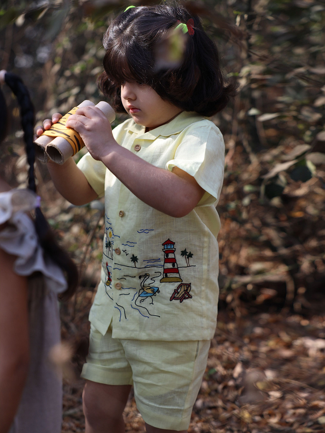 Funny Bones Clothings Boys Embroidered Linen Shirt With Shorts