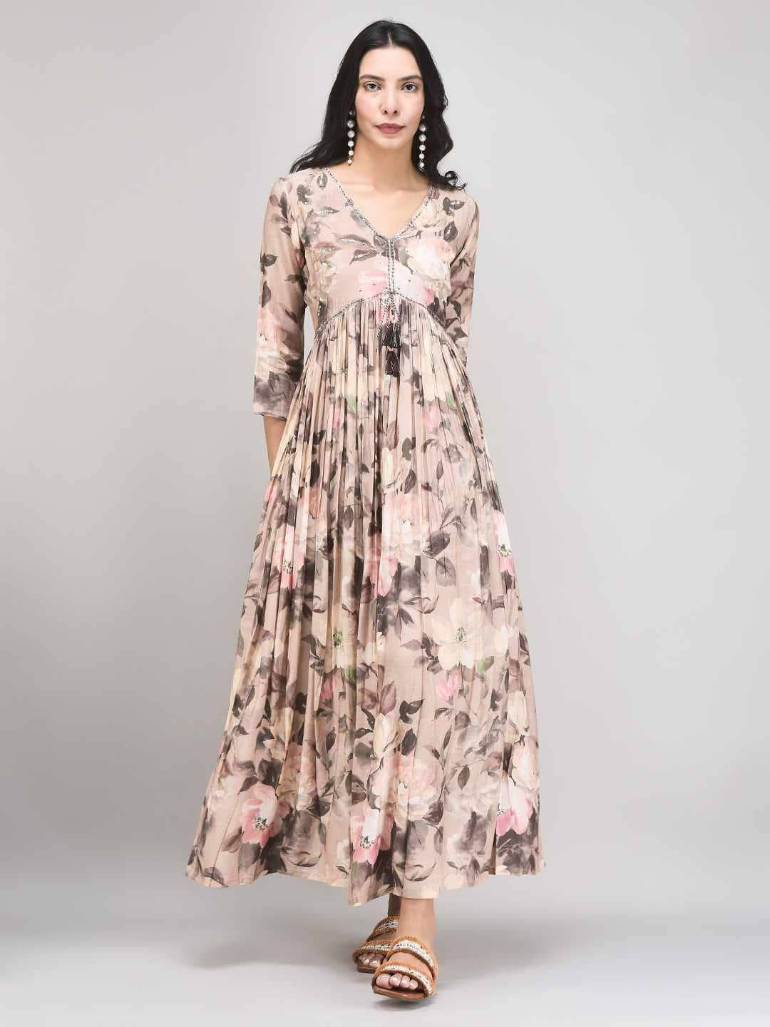 Aralia Floral Print Sequined Fit & Flare Maxi Dress