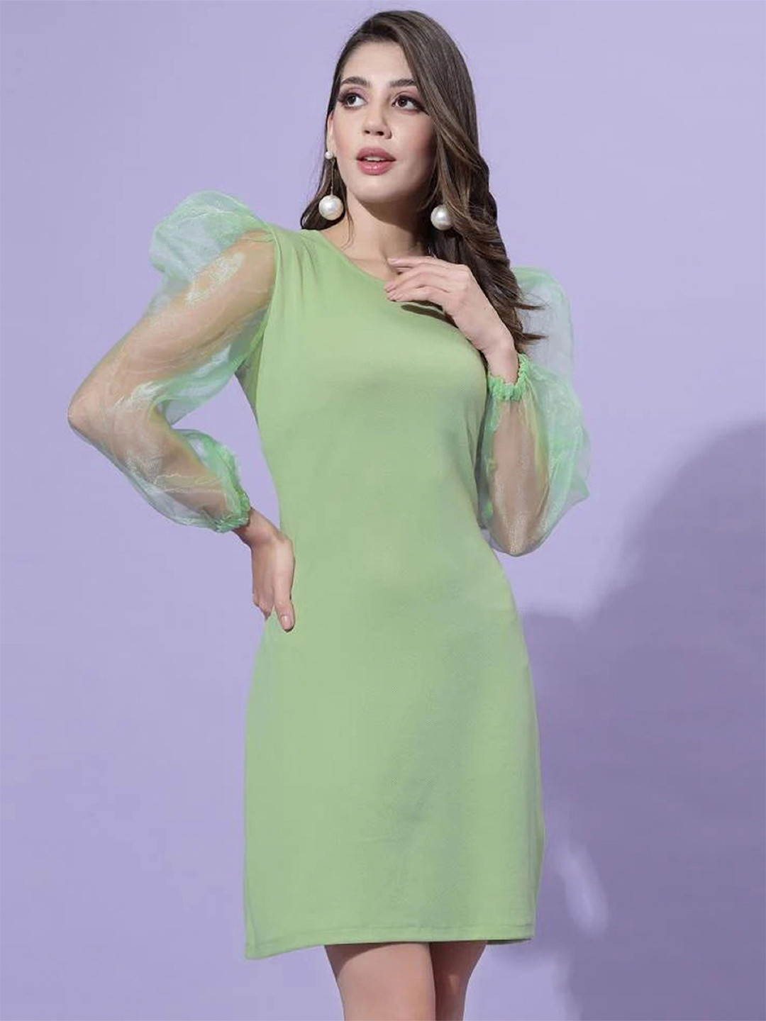 DRESICO Knee-Length Puff Sleeves Fitted Dress