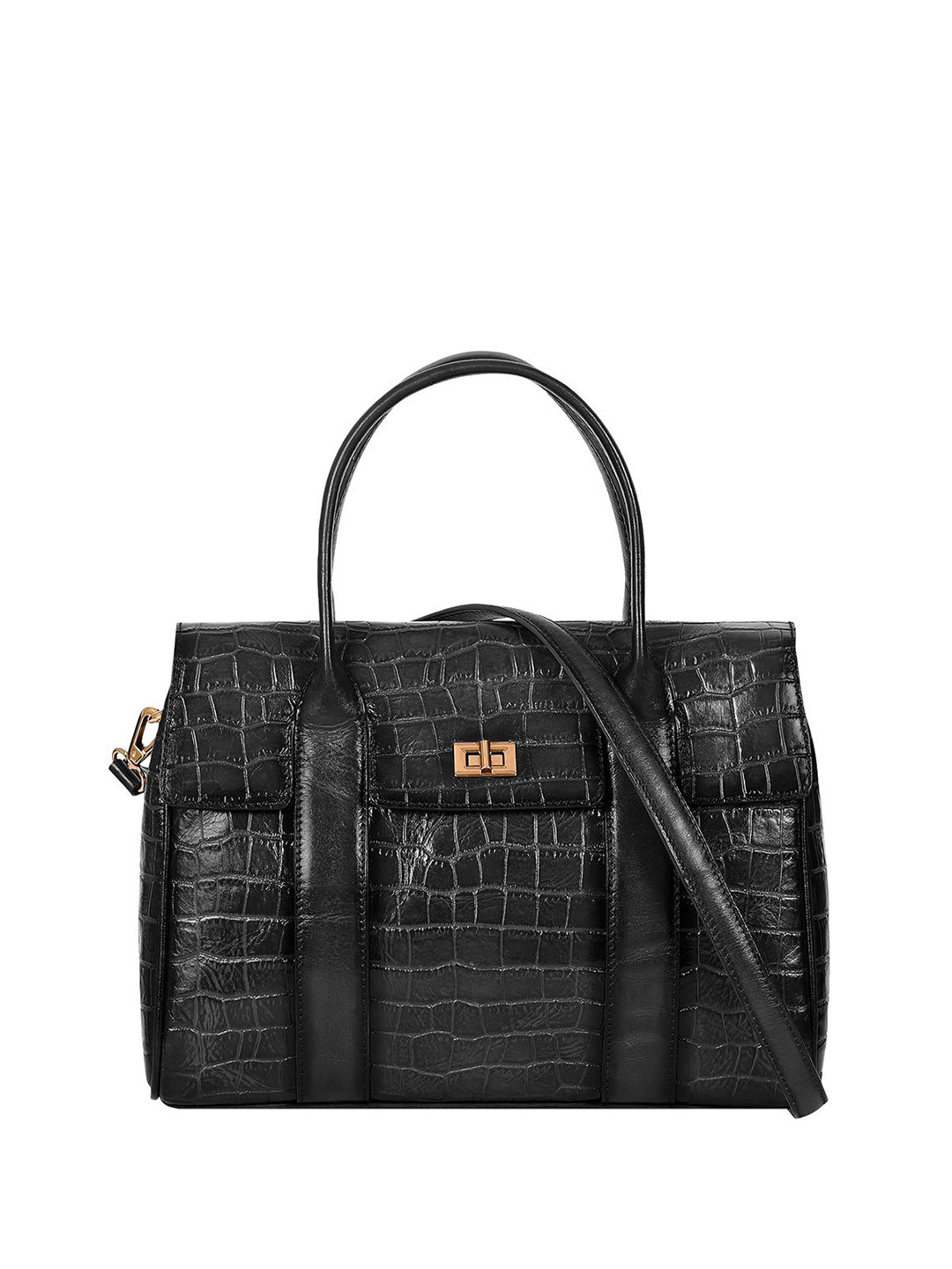 eske Women Black Printed Flap Closure Adjustable Strap Leather Handheld Handbag