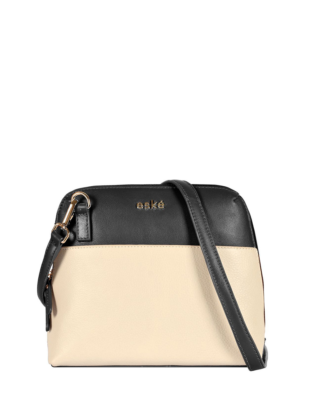 eske Women Black Solid Adjustable Sling Strap 2 Zip Pocket Leather Mini Shoulder Bag