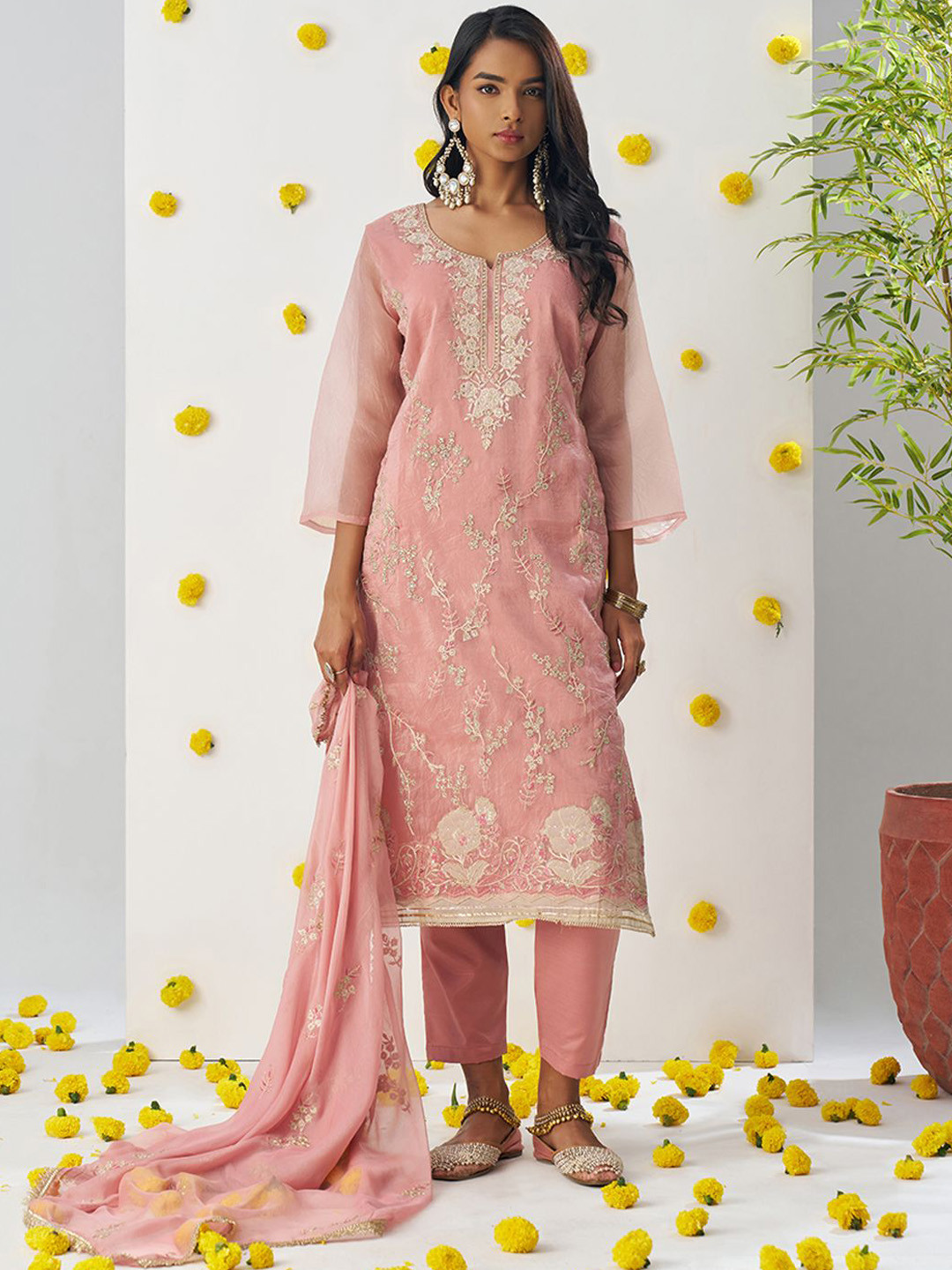 ALIZEH Embroidered Notch Neck Straight Kurta with Trousers & Dupatta