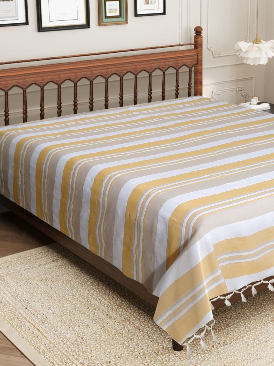 Aura Yellow Striped Cotton 210 TC King Fine Bedsheet -229 x 254 cm