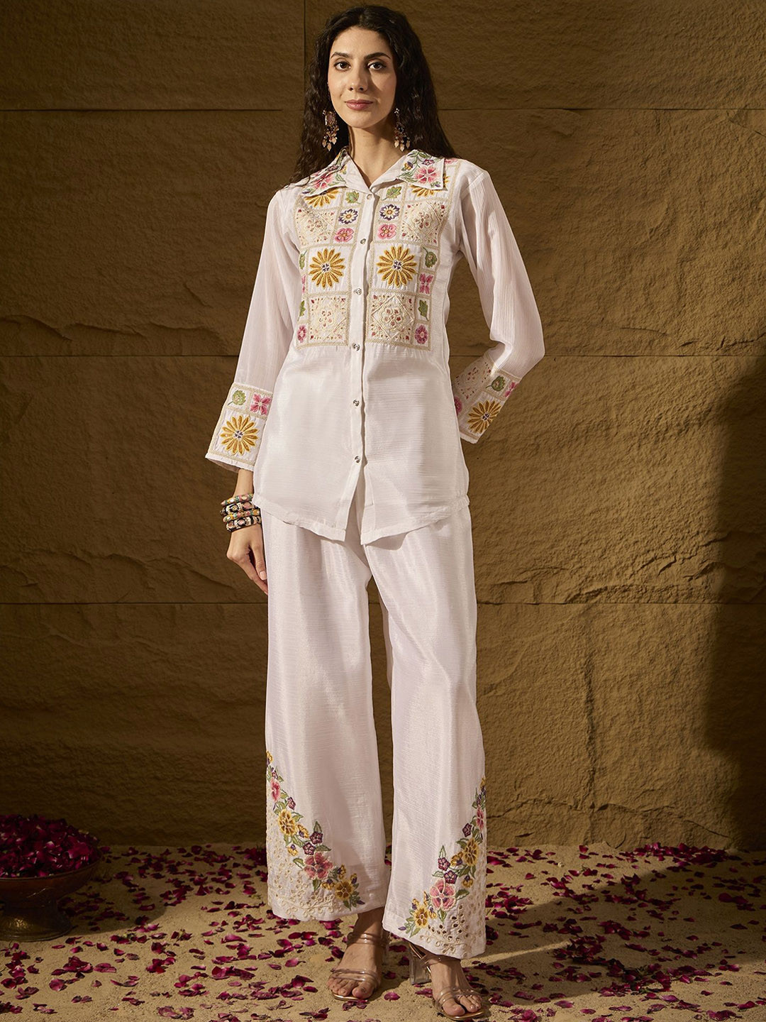 Miss Ethnik Embrdoiered Shirt With Trousers Co-Ords