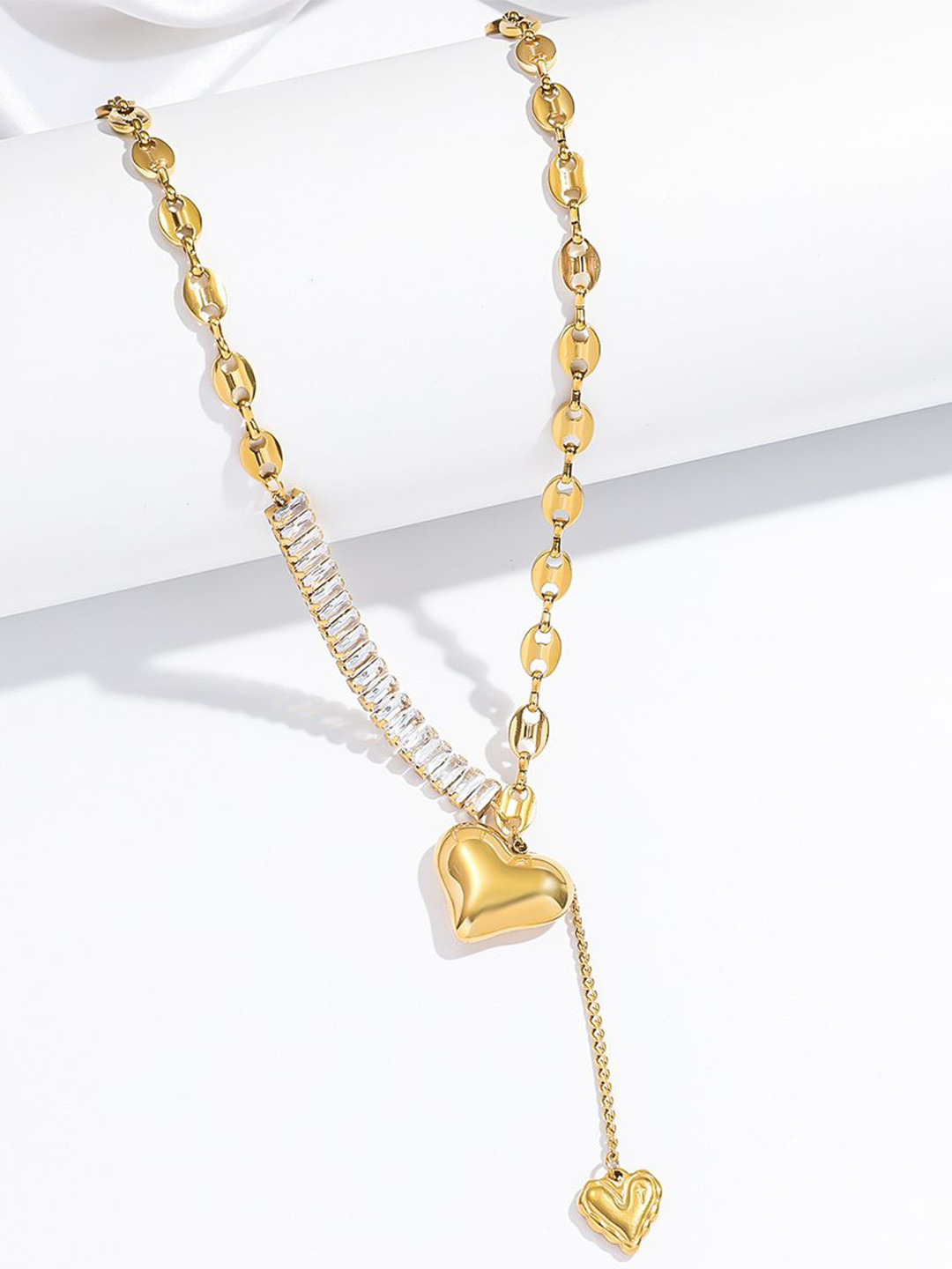 Just Lil Things Dripping Dropped  Dual Heart Artificial Stones Studded Necklace