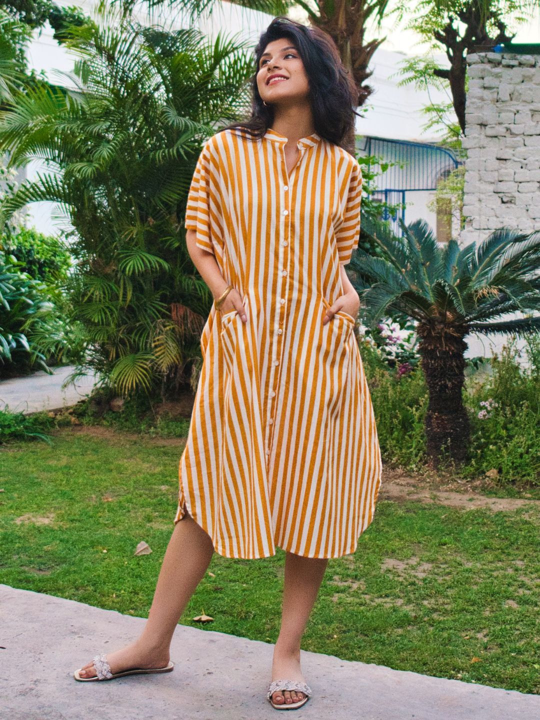 Safeera Women Striped Cotton Loose Fit Kaftan Midi Dress