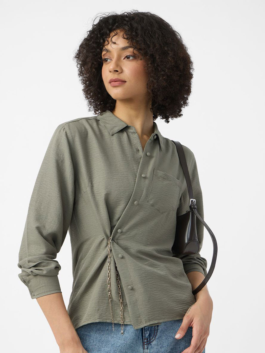 The Souled Store Women Textured  Light Olive Shirt