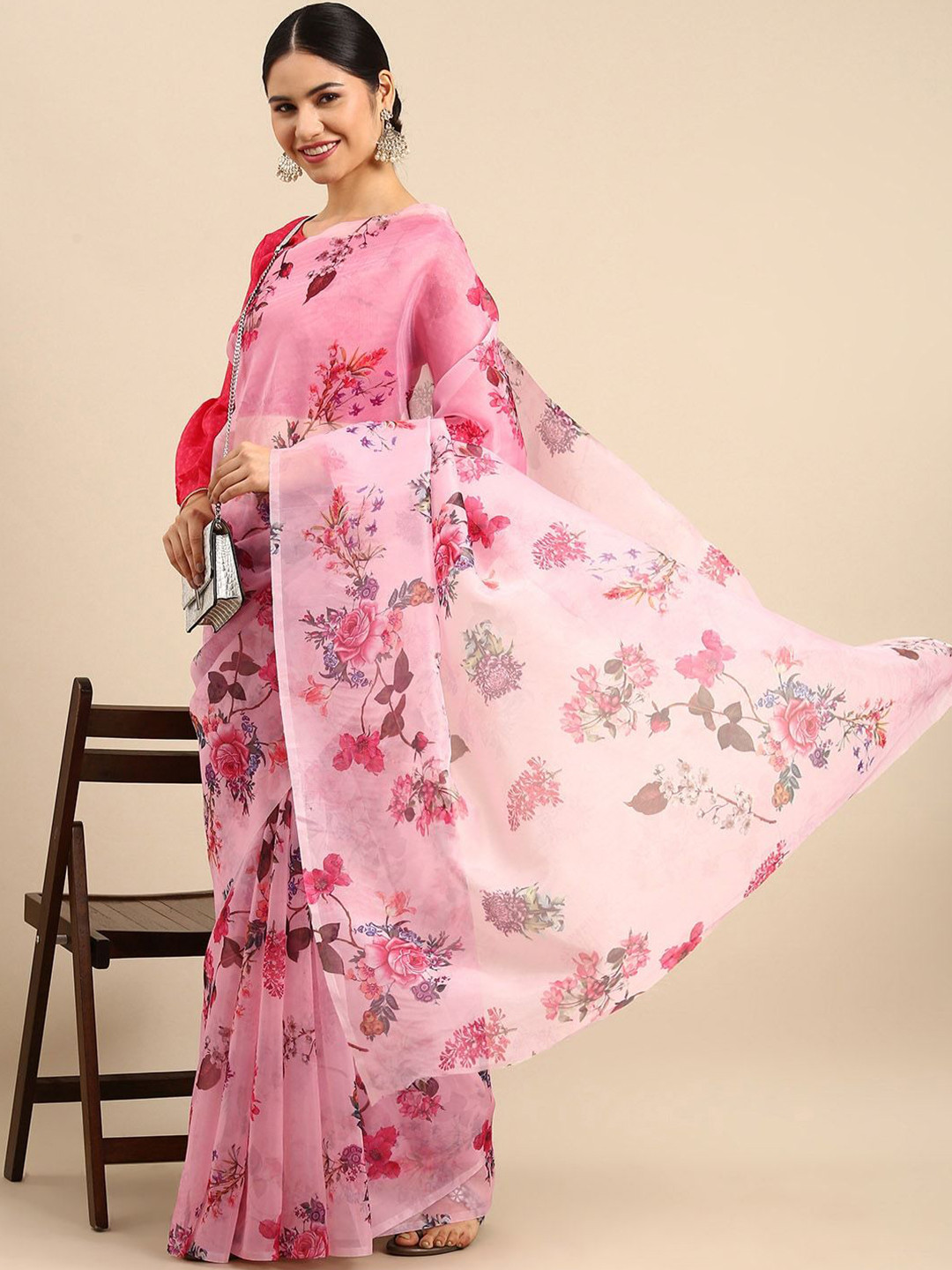 HERE&NOW Floral Printed Pure Organza Saree