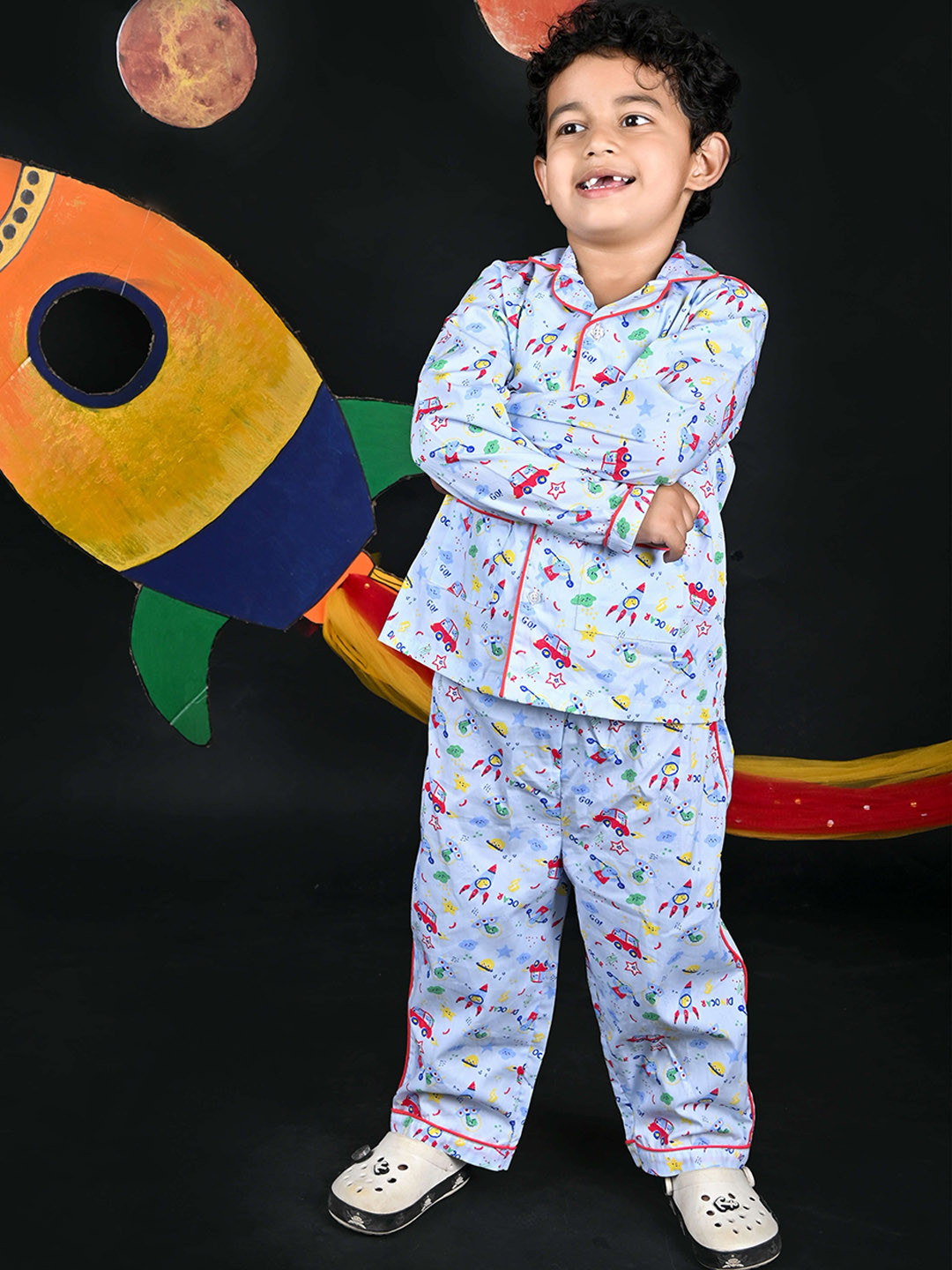 Nature Nook Kids Boys Conversational Printed Shirt Collar Pure Cotton Shirt With Pyjamas